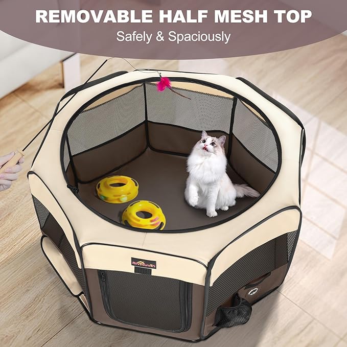 Aivituvin Dog Playpen Foldable Waterproof Pet Play Pens for Cat, Puppies, Rabbits, Chickens, Durable Portable Pet Tent for Travel Camping Indoor/Outdoor Brown XL