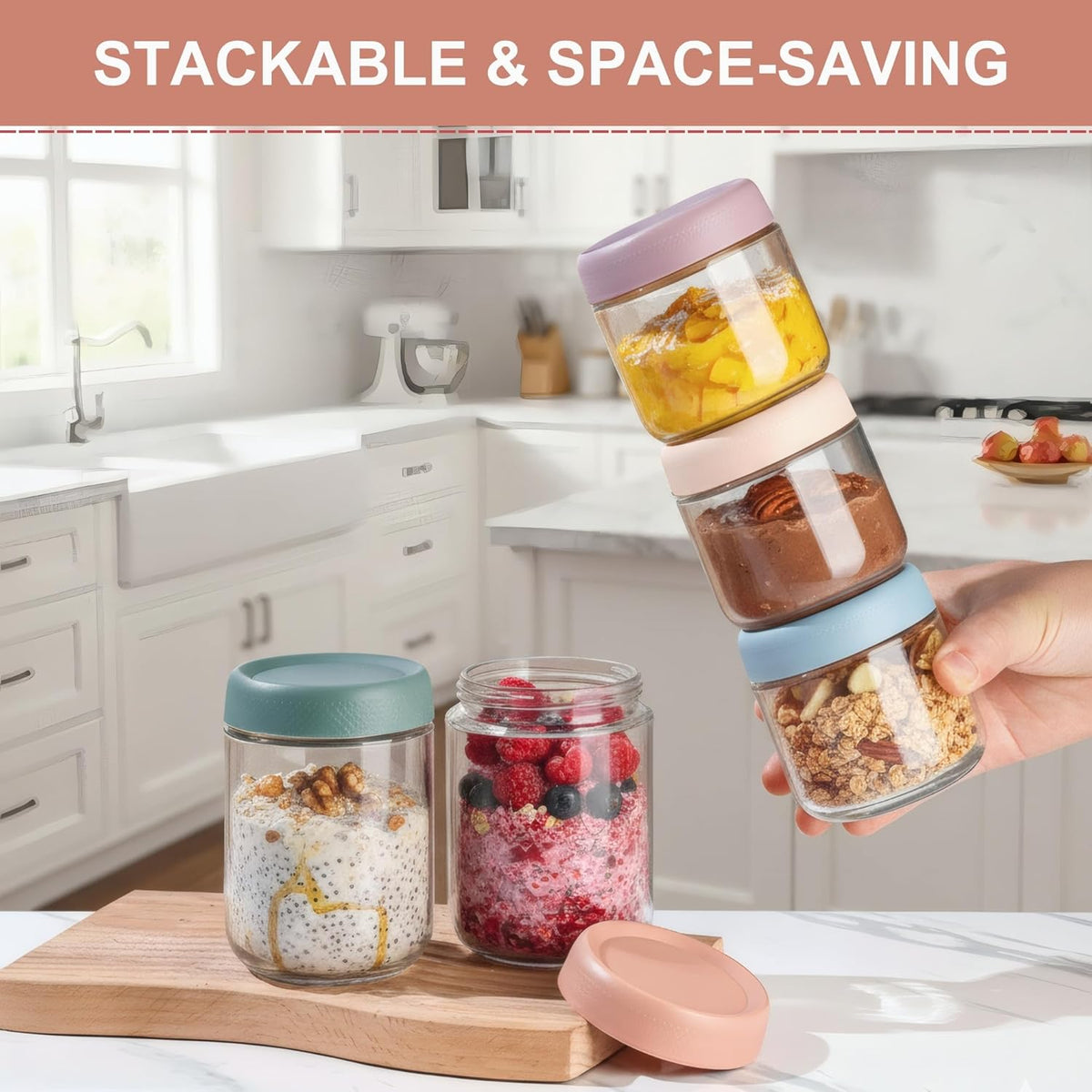 CATIFLIN 6-Pack Overnight Oats Containers with Lids, 16oz & 10oz Glass Mason Jars, Airtight Wide-Mouth Food Storage Containers for Meal Prep, Yogurt, Salad, Snacks, Chia, and Baby Food