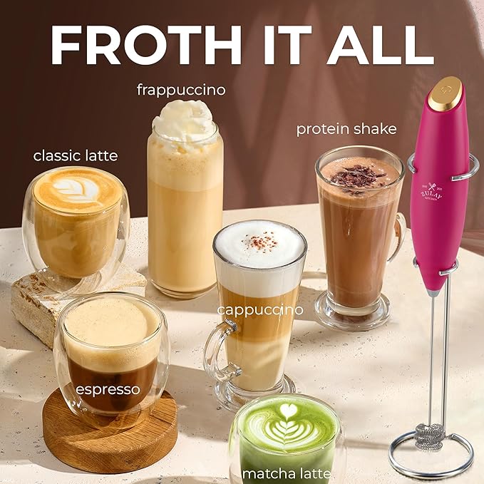 Zulay Kitchen Powerful Milk Frother Wand With Duracell Batteries - Ultra Fast Handheld Drink Mixer - Electric Whisk Foam Maker for Coffee, Lattes, Cappuccino & Matcha - Triple Whisk - Magenta Gold