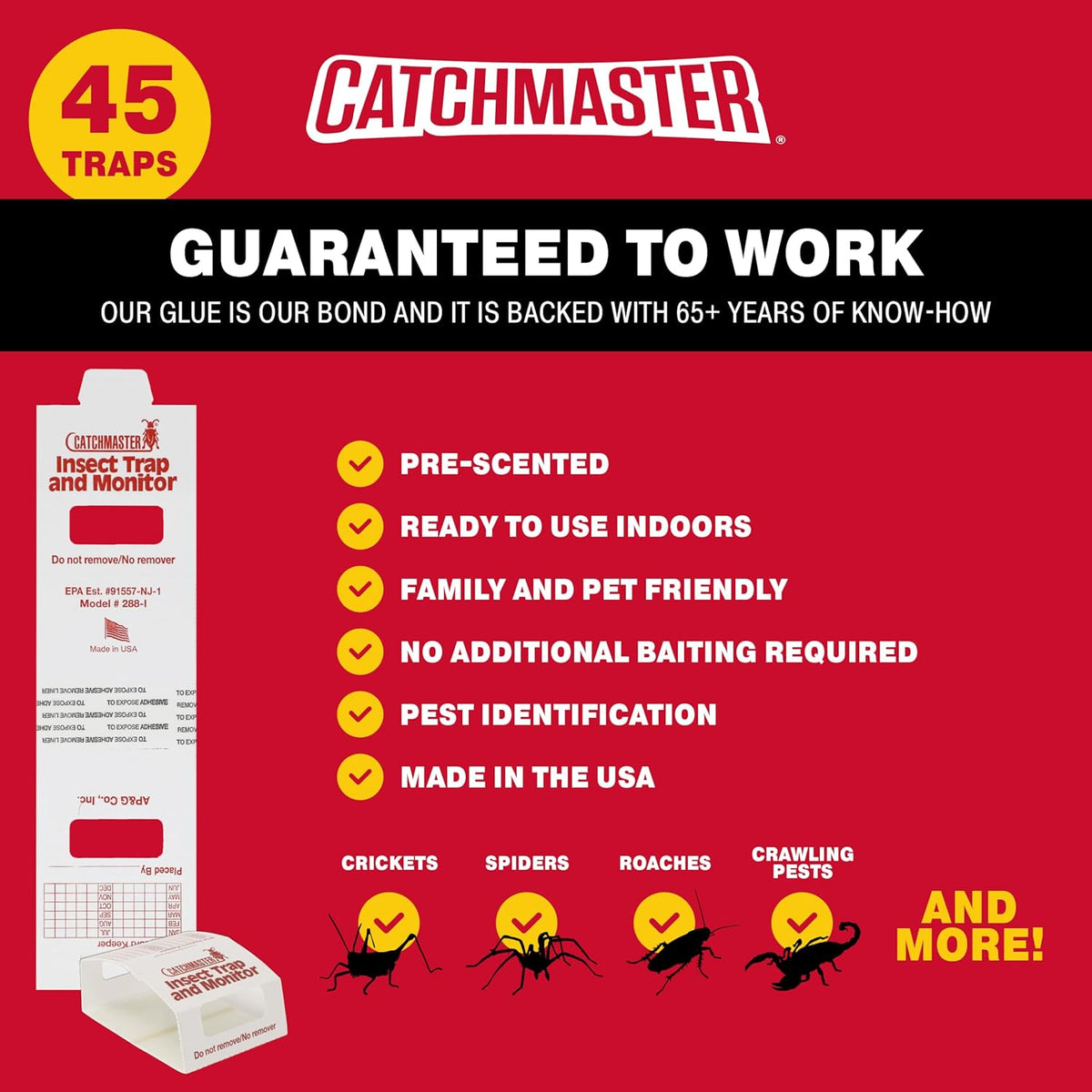 Catchmaster Spider & Insect Glue Traps 45-Pk (15 Sheets), Adhesive Cockroach Killer Glue Boards, Cricket Sticky Traps, Indoor Roach & Bug Catcher for Home, Garage & Shed, Pet Safe Pest Control