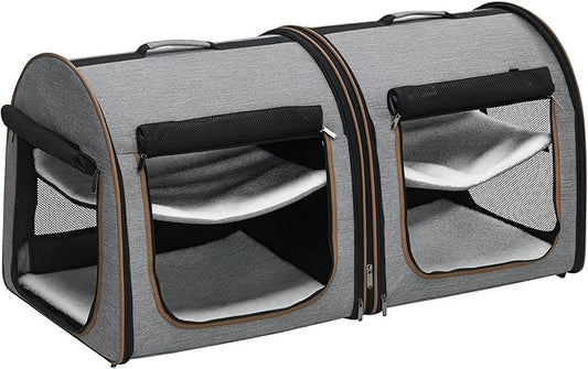 PawHut 39" Portable Soft-Sided Cat Carrier, Cat Kennel, Travel Dog Crate with Divider, Two Compartments, Soft Cushions & Storage Bag, Easy to Fold, Light Gray