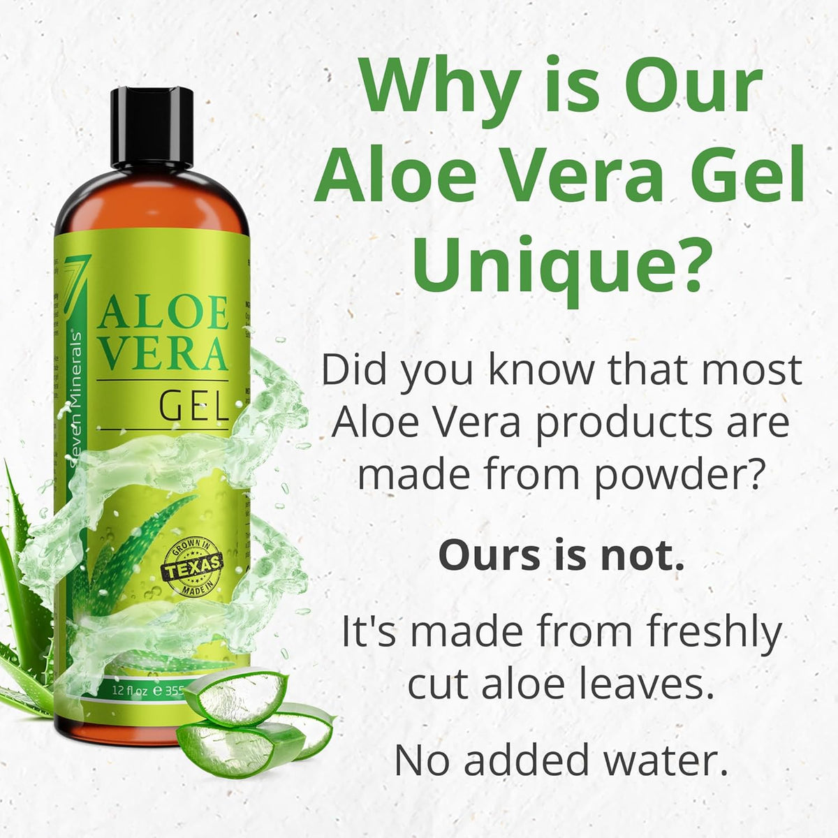Seven Minerals Organic Aloe Vera Gel from freshly cut 100% Pure Aloe - Big 12oz - HighestQuality, Texas grown, Vegan, Unscented - For Face, Skin, Hair, Sunburn relief