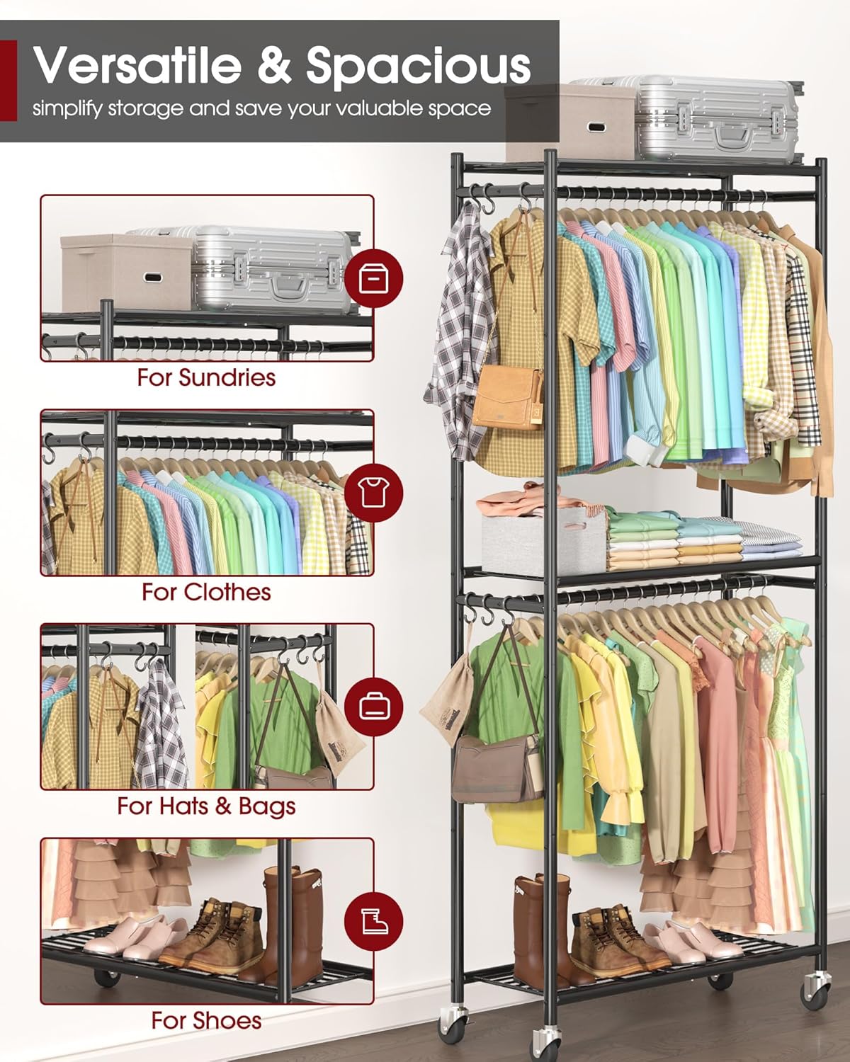 Clothes Rack - 33.0" x 12.2" x 79.5" Clothing Rack with Shelves & Wheels, Multi-Functional Wardrobe Closet with Hooks, Sturdy Metal Garment Rack for Bedroom, Laundry, Balcony (Black)
