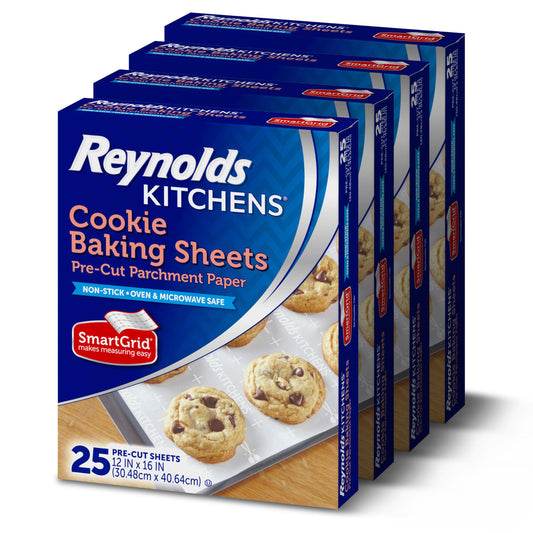 Reynolds Kitchens Cookie Baking Sheets, Pre-Cut Parchment Paper, 25 Count per Pack (Pack of 4), 100 Sheets Total