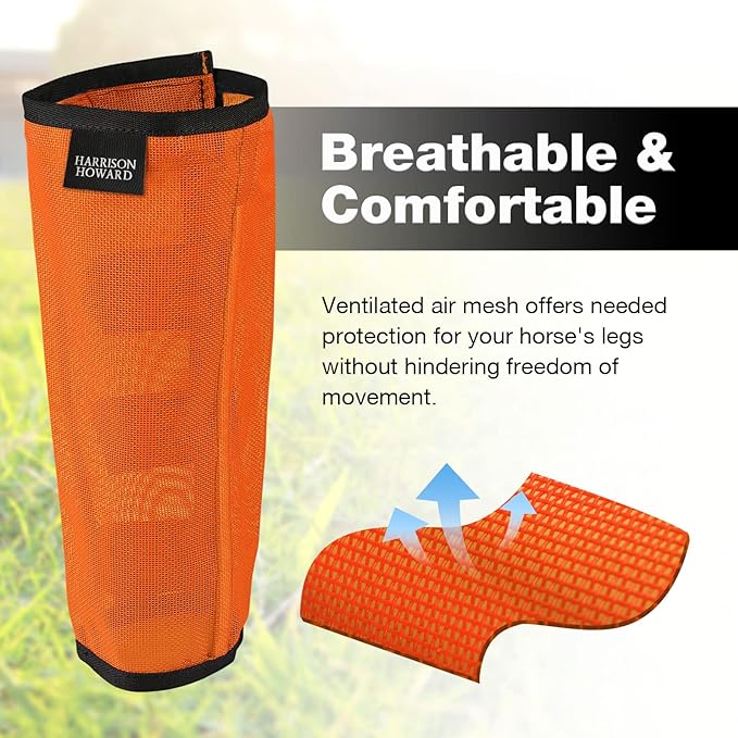 Harrison Howard Loose Fitting Fly Boots UV-Protective Extra Tough Mesh Ventilated Four Fasteners Stay-on Design Protect Horse Legs & Stomp-Reducing Set of 4 Orange Large