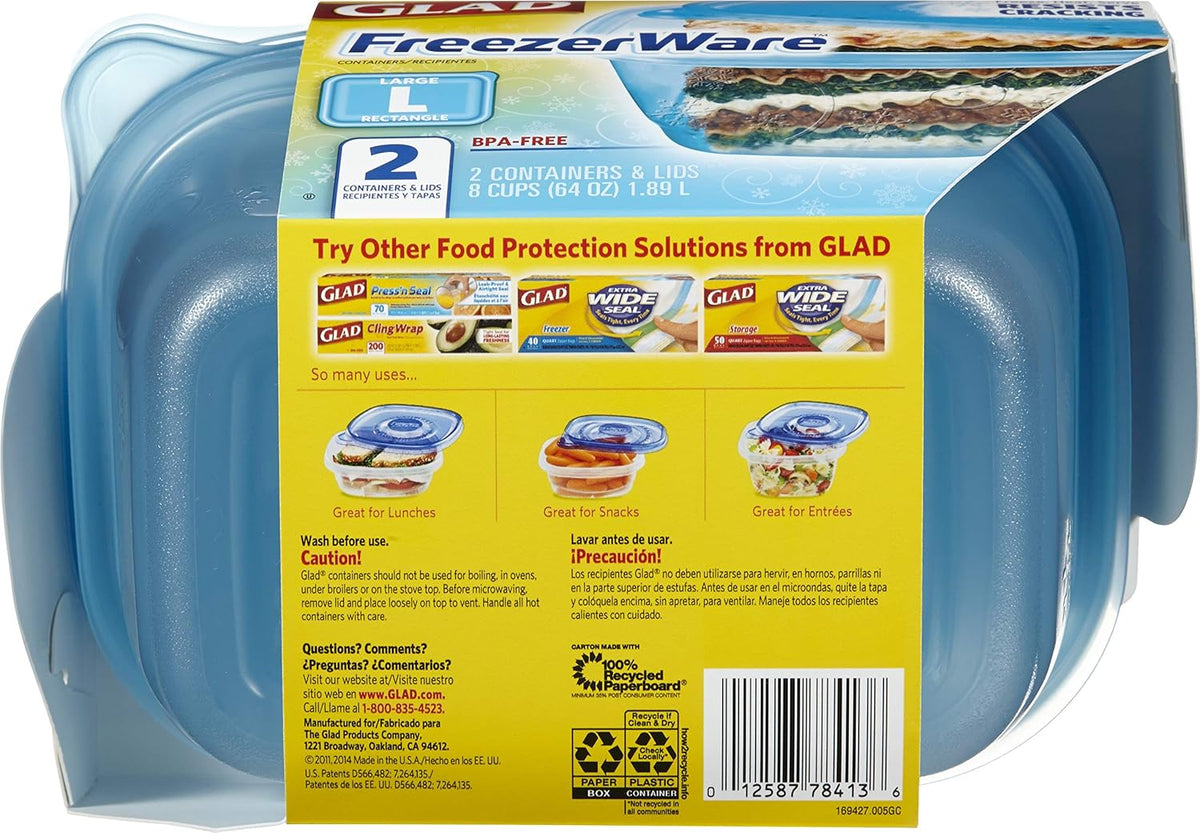 Gladware Freezerware Food Storage Containers, Large Rectangle Holds 64 Ounces of Food, 2 Count Set | Tupperware, Plastic Food Container, Meal Prep Container, Plastic Containers with Lids