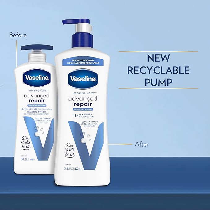 Vaseline Intensive Care Unscented Advanced Repair Body Lotion - Ultra-Hydrating with Lipids for Extremely Dry Skin, 20.3 oz, Pack of 3