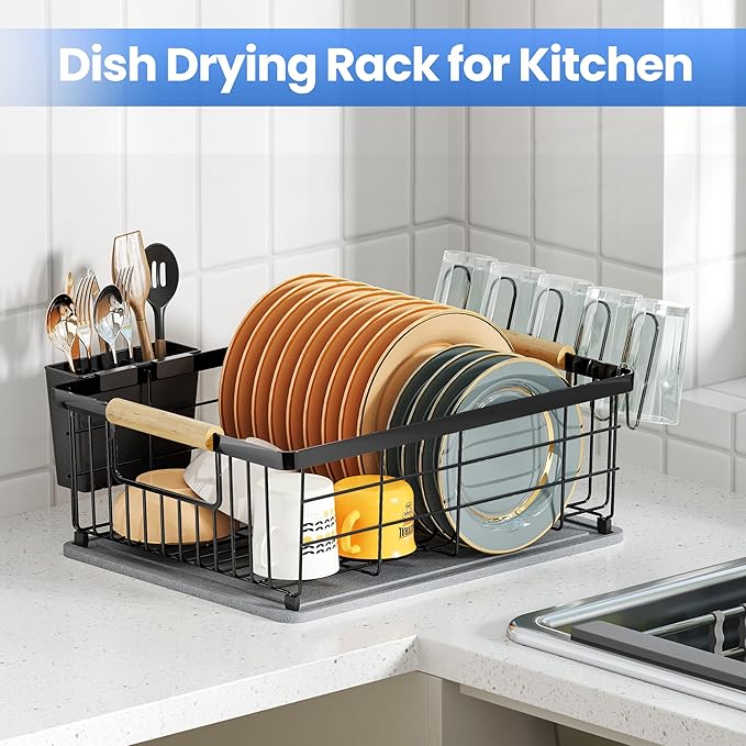 Dish Drying Rack Black with Diatomaceous Earth 1 Tier,Multifunctional Dish Racks for Kitchen Counter Quick-Drying,Large Capacity Space Saving with Cutlery Cups Holder