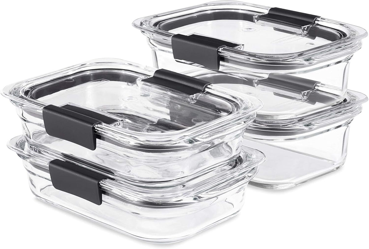 Rubbermaid Brilliance Glass Food Storage set of 4 containers 8 total pieces (4 containers + 4 lids) for Lunch Meal Prep and Leftovers Dishwasher and Oven Safe Clear/Grey