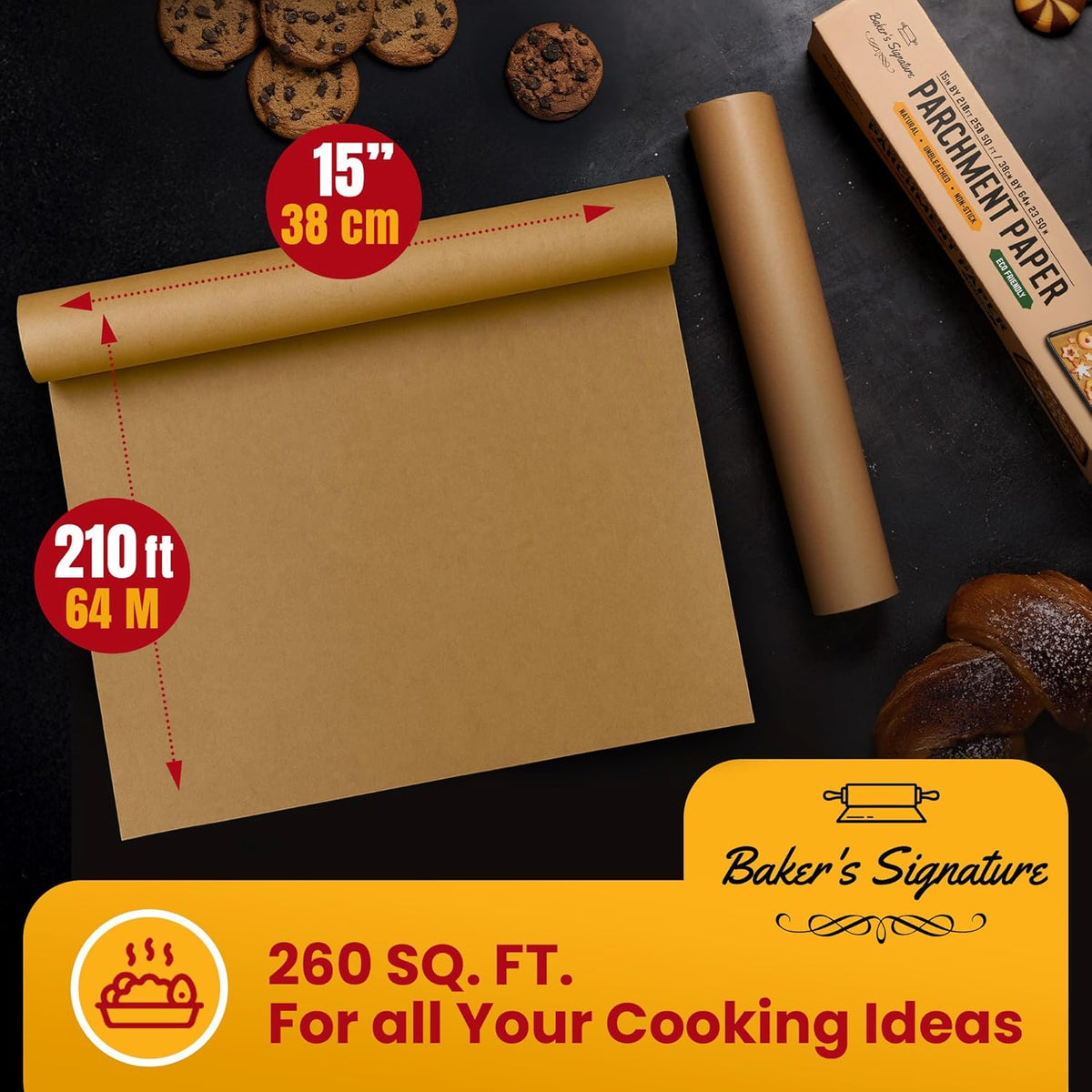 260 Sq.Ft Unbleached Parchment Paper for Baking – Roll with Cutter, Heavy Duty Non-Stick Brown Parchment for Baking, Cooking, Grilling, Steaming and Air Fryer, 15in x 210ft by Baker’s Signature