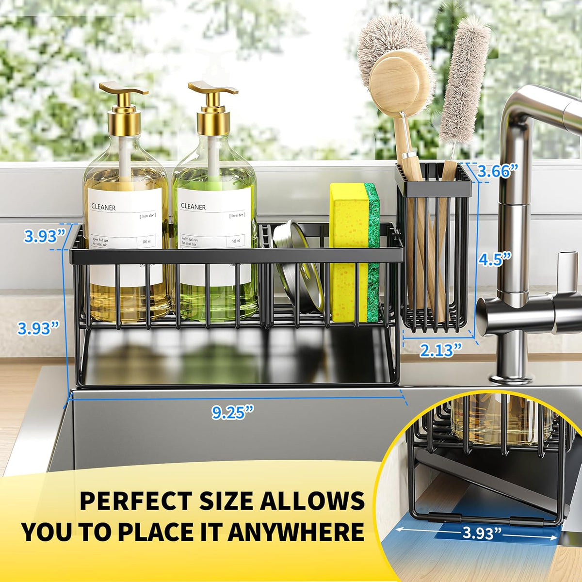 Cisily Kitchen Sink Caddy Organzier with High Brush Holder, Sponge Holder for Sink, 304 Rustproof Stainless, Kitchen Countertop Soap Dispenser Organizer