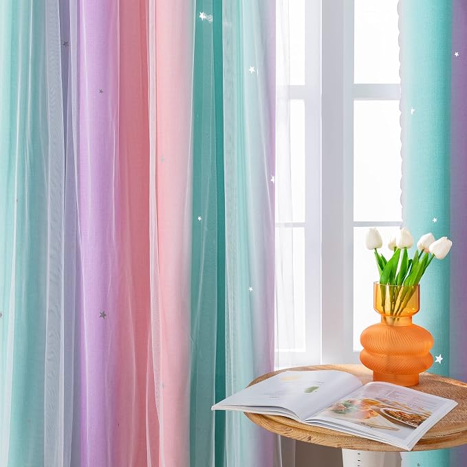 XiDi Curtains for Bedroom Kids Rainbow Pink Purple Green Curtains for Girls