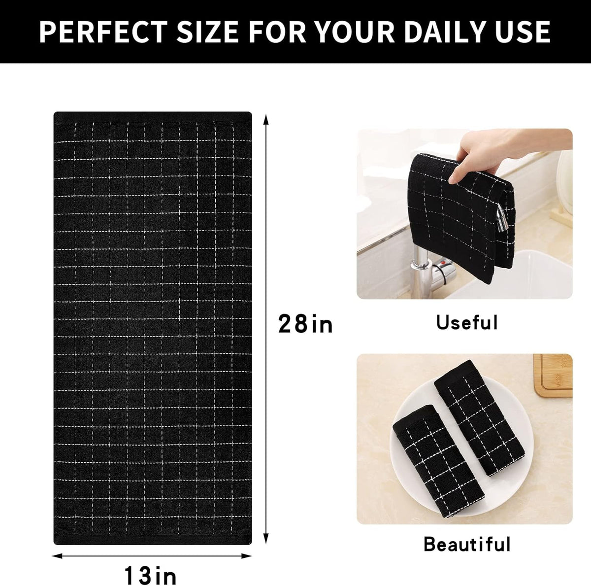Homaxy 100% Cotton Terry Kitchen Towels(Black, 13 x 28 inches), Checkered Designed, Soft and Super Absorbent Dish Towels, 4 Pack | 100% Cotton Terry, Black, 13 x 28 inches, Checkered Designed, 4 Pack