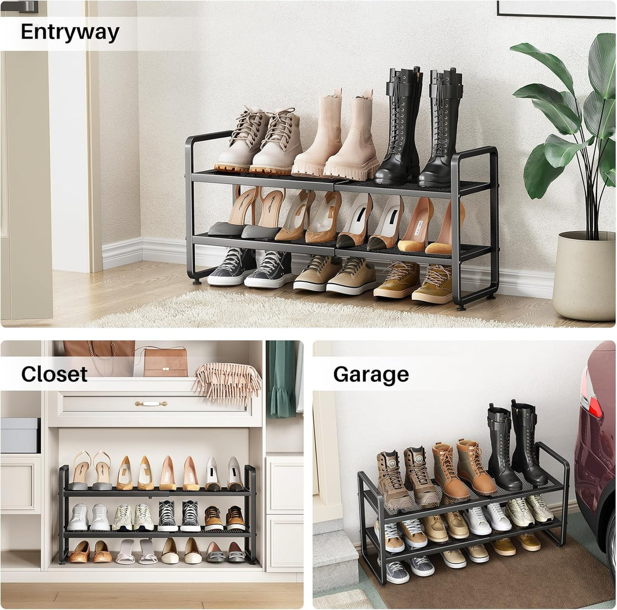 SNTD Shoe Rack - Expandable Shoe Organizer for Closet, Adjustable Metal Shoe Shelf Storage, Stackable Long Shoe Stand Holder for Garage, Entryway, Door Entrance (Black, 2-Tier)