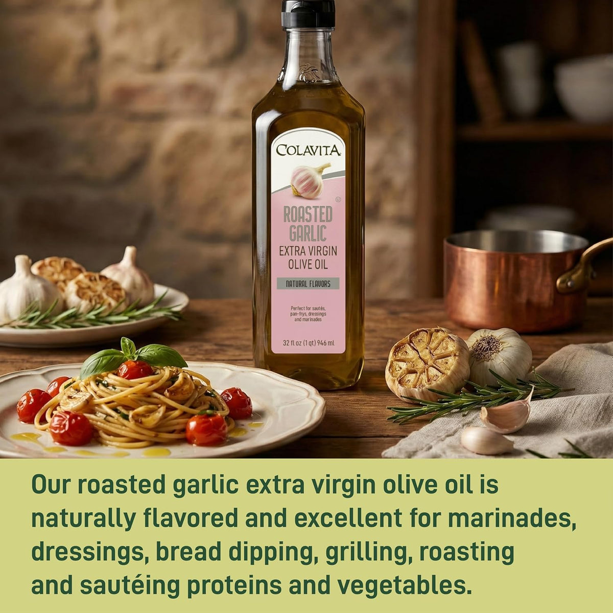 Colavita Roasted Garlic Extra Virgin Olive Oil, 32 Fl Oz – Cold Pressed EVOO Infused with Natural Roasted Garlic Flavor for Cooking, Dressings, Marinades & Dipping