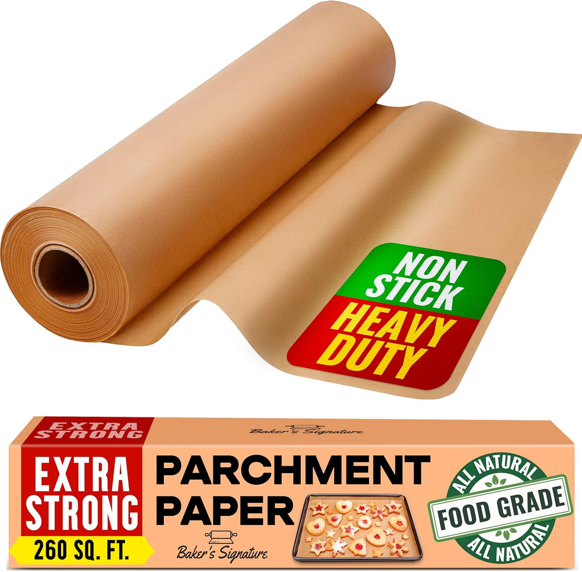 260 Sq.Ft Unbleached Parchment Paper for Baking – Roll with Cutter, Heavy Duty Non-Stick Brown Parchment for Baking, Cooking, Grilling, Steaming and Air Fryer, 15in x 210ft by Baker’s Signature