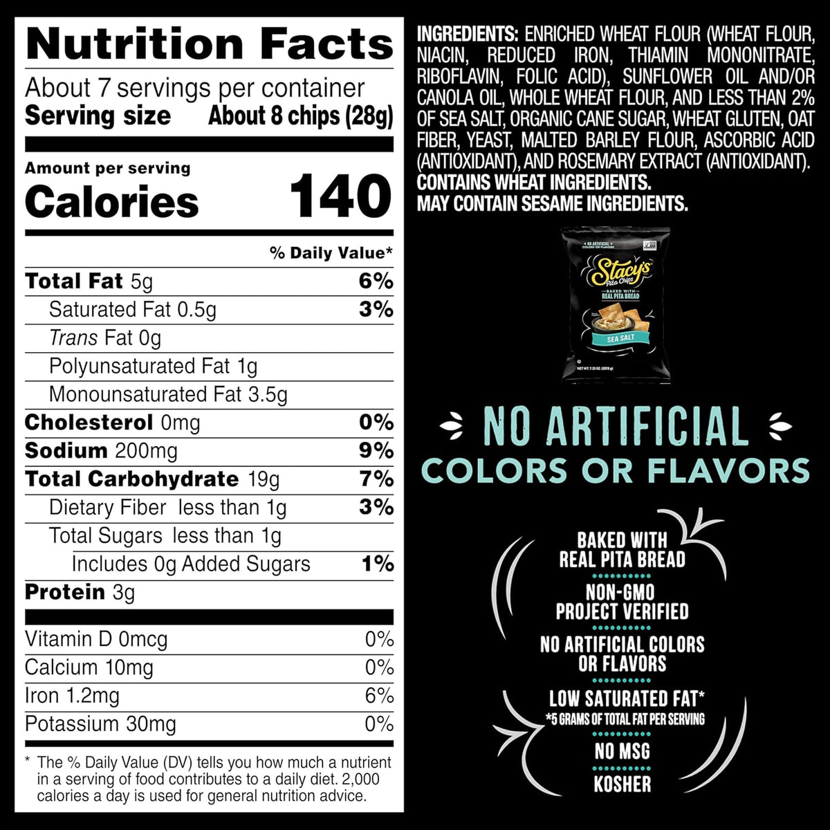Stacy’s Pita Chips, Sea Salt, No Artificial Colors or Flavors, 7.33 Oz