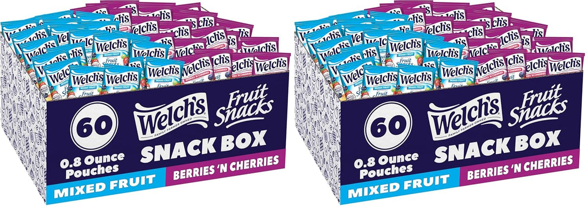 Welch's Fruit Snacks, Mixed Fruit & Berries 'N Cherries Snack Box, Gluten Free, 0.8oz Snack Packs (Pack of 60)