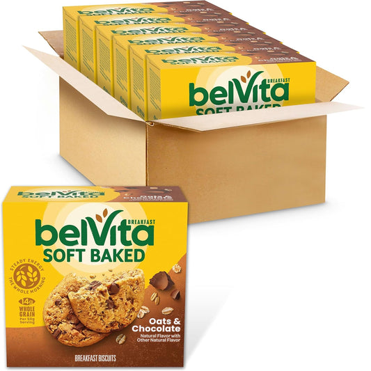 belVita Soft Baked Breakfast Bars, Oats & Chocolate, 6 Boxes of 5 Packs (1 Biscuit Per Pack)