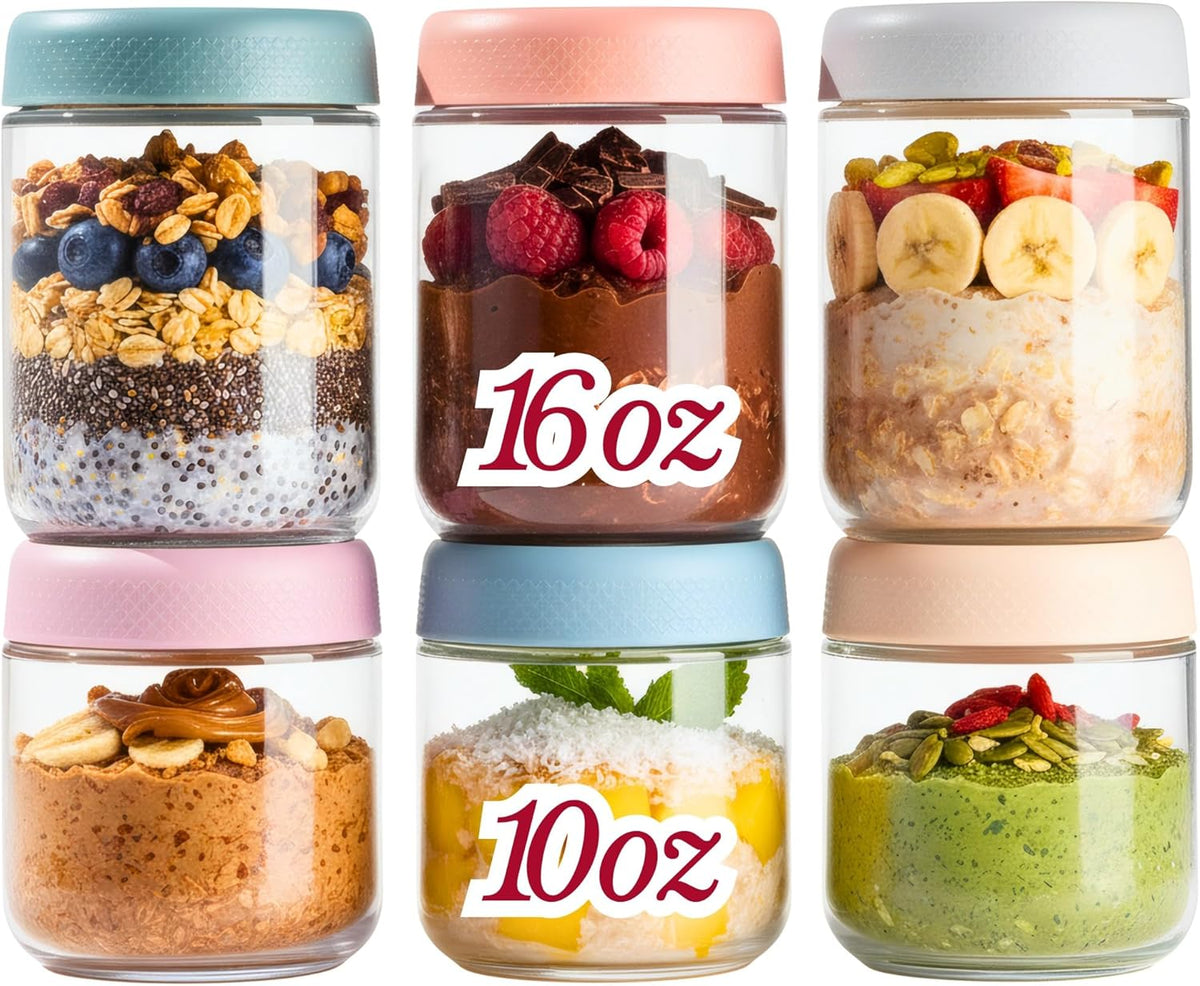 CATIFLIN 6-Pack Overnight Oats Containers with Lids, 16oz & 10oz Glass Mason Jars, Airtight Wide-Mouth Food Storage Containers for Meal Prep, Yogurt, Salad, Snacks, Chia, and Baby Food
