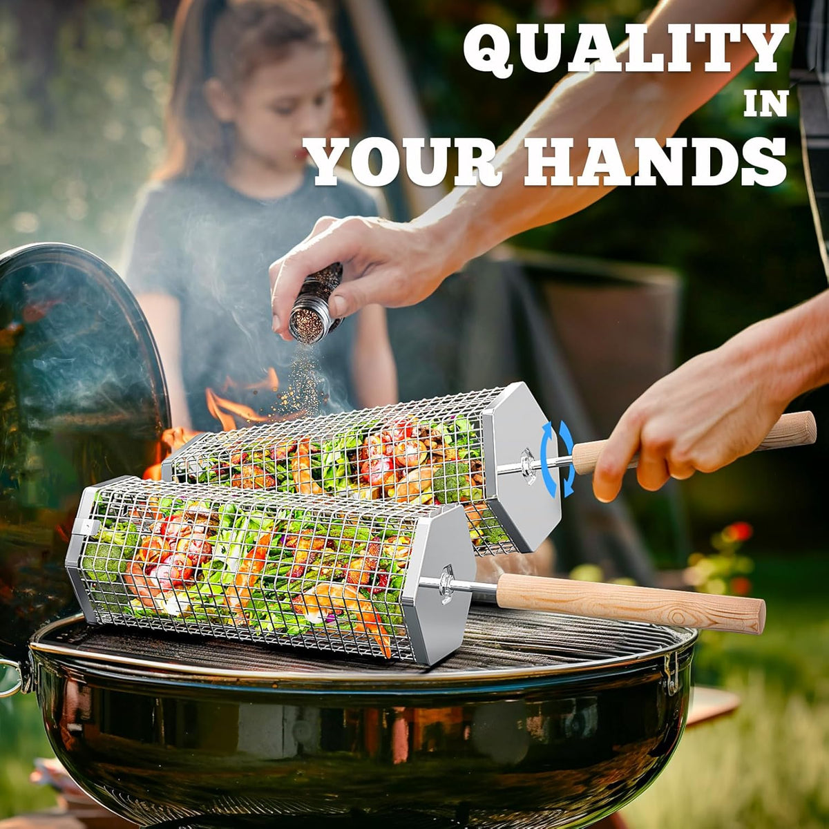 Rolling Grill Basket, Removable Wooden Handle, 304 Stainless Steel, Nesting Grilling Tools, Smoker BBQ Accessories for Vegetable, Outdoor Cooking Camping, Birthday Gifts for Men Dad Husband