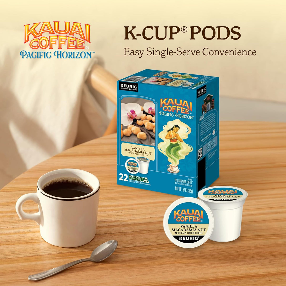 Kauai Coffee K-Cup Pods for Keurig Brewers – Arabica Coffee, 10% Hawaiian – Medium Roast, Vanilla Beans with Toasted Macabamia Nuts – Vanilla Macadamia Nut, 1 Pack of 22 Single Serve K-Cups