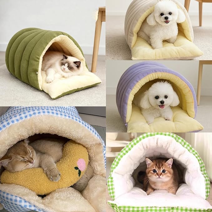 Expectation Cat Bed, Removable and Washable Winter Closed-Off Cat Bed, Soft Fluffy Warm Autumn/Winter Cats House, Washable Non-Slip Pet Sleeping Bag for Indoor Cats Small Dogs (A,Large)