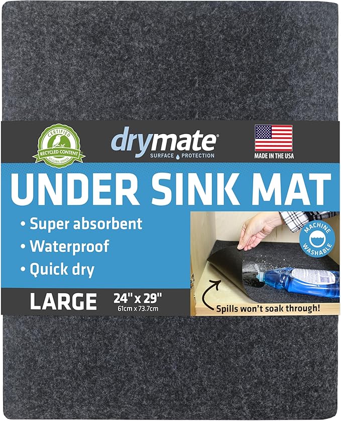 Drymate Premium Under Sink Mat, Waterproof Cabinet Protection Mats for Kitchen & Bathroom, Absorbent Shelf Liners, Slip-Resistant, Non-Adhesive, Machine Washable (USA Made)(24”x29”)(Charcoal)