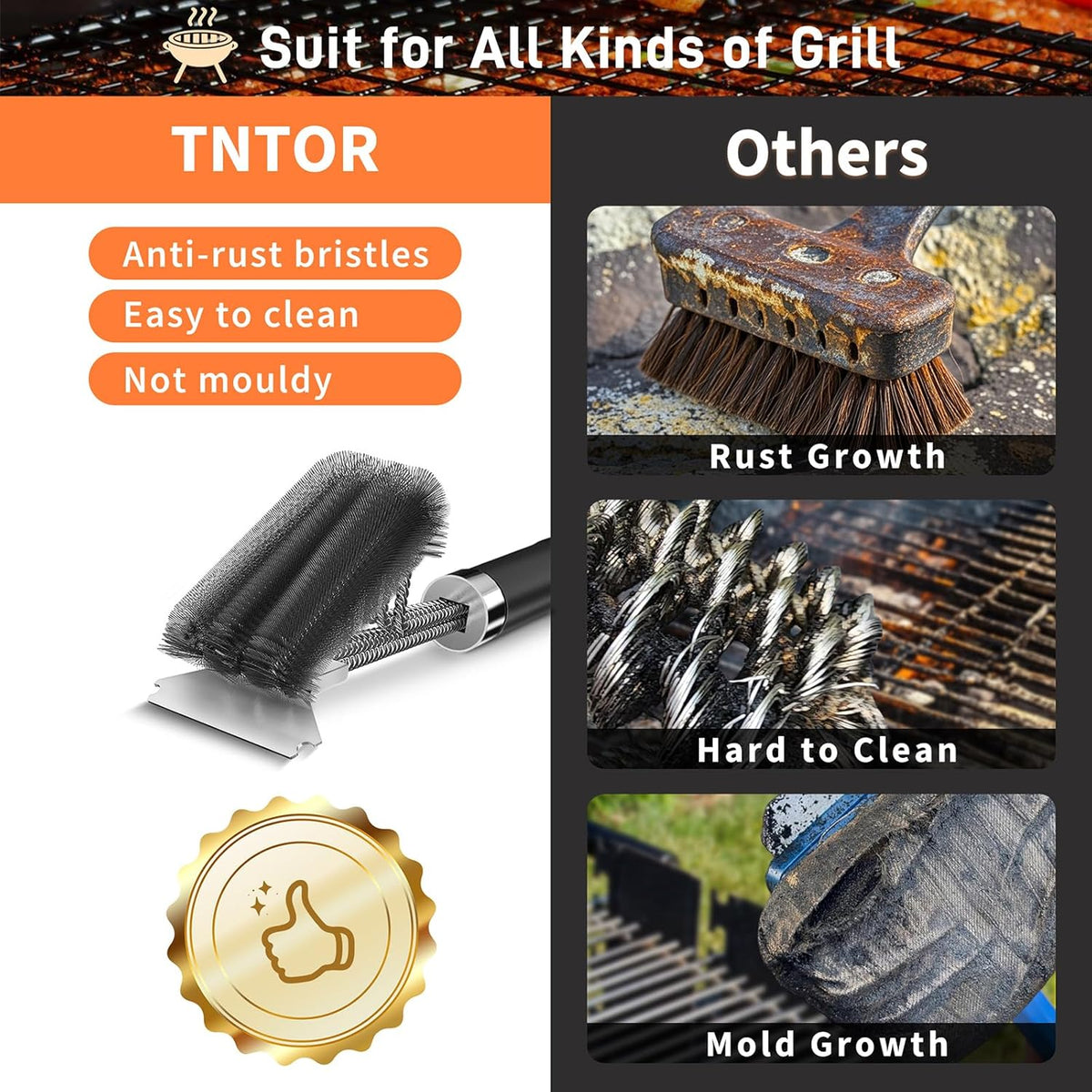 TNTOR Grill Brush with Scraper, 18" Adjustable Handle BBQ Grill Brush for Outdoor Grill, Extra Strong Grill Cleaner Accessories for Grill/Smoker/Gas/Charcoal Grill Cleaning-Grill Gifts for Men/Dad