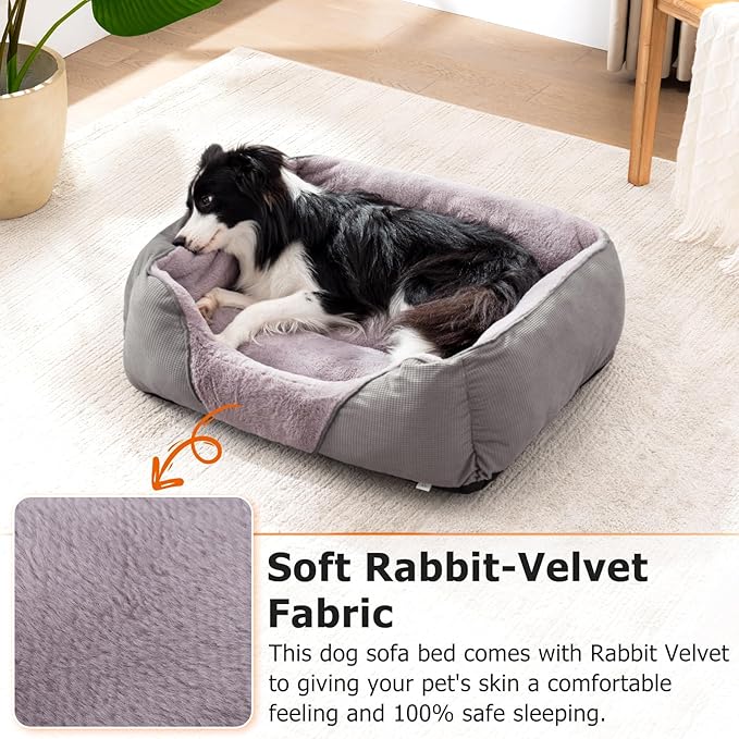 MIXJOY Dog Beds for Large Dogs, Big Pet Bed Large Size Dog Washable, Orthopedic Calming Soft Pet Beds Cuddler, Rectangle Sleeping Rabbit-Velvet Cozy Puppy Bed with Anti-Slip Bottom (35x25in, Grey)