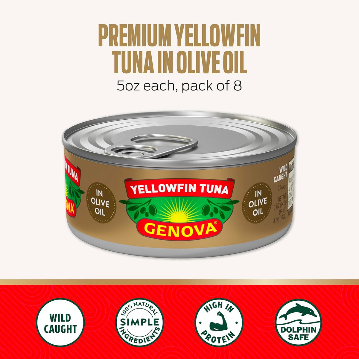 Genova Premium Yellowfin Tuna in Olive Oil, 5 Ounce Cans, 8-Pack – Nutrient Rich, High Protein Canned Tuna Fish - Delicious, Easy, Nutritious Ready to Eat Meals