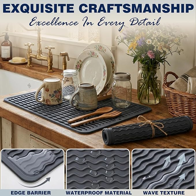 CAKETIME 2 Pack Silicone Dish Drying Mat for Kitchen Counter Heat Resistant Pads Hot Dishes Waterproof with Under Sink Soap Holder Coffee Bar Accessories Women Gifts Extra Large 24"x18" Light Gray