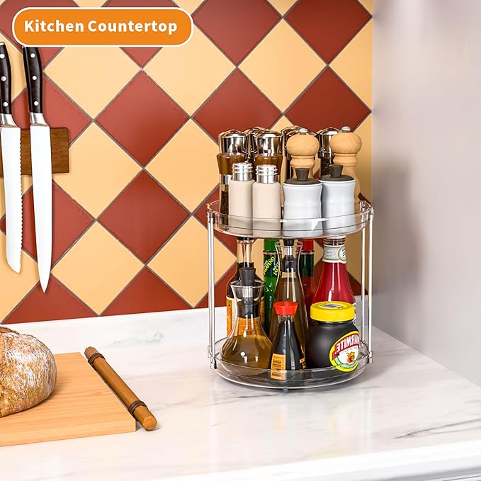2 Tier Lazy Susan Turntable for Cabinet,Countertop,Pantry,9.5"W Spinning Seasoning Organizer,Double Rotating Kitchen Spice Rack Organizer and Condiments,Medicine,Vitamin Bottle Organizer Carousels,1Pc