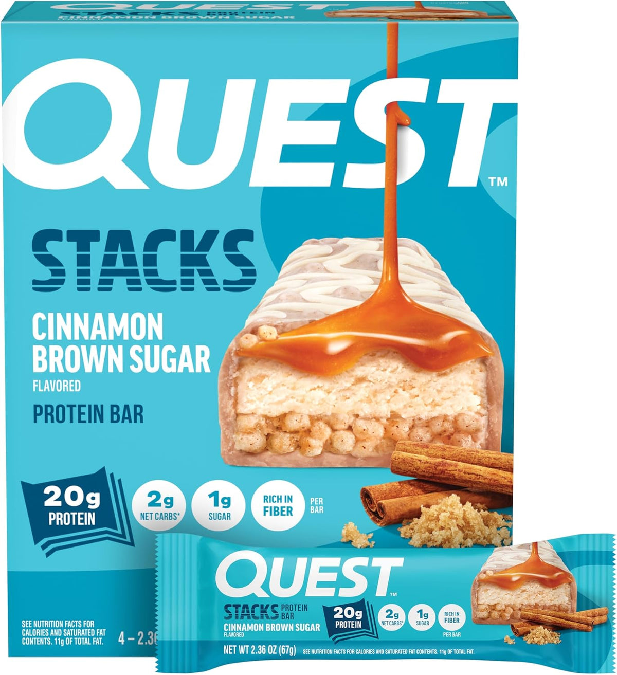 Quest Nutrition Stacks Protein Bars, Cinnamon Brown Sugar, 20g Protein, 2g Net Carbs, 1g Sugar, High Fiber, Low Sugar, Gluten Free, 4 Count