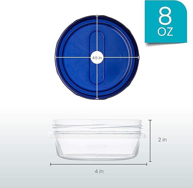 PLASTICPRO [8 oz 4 Pack] Deli Containers Clear bottom With blue Top Twist on Lids Reusable, Stackable, Food Storage Freezer Container