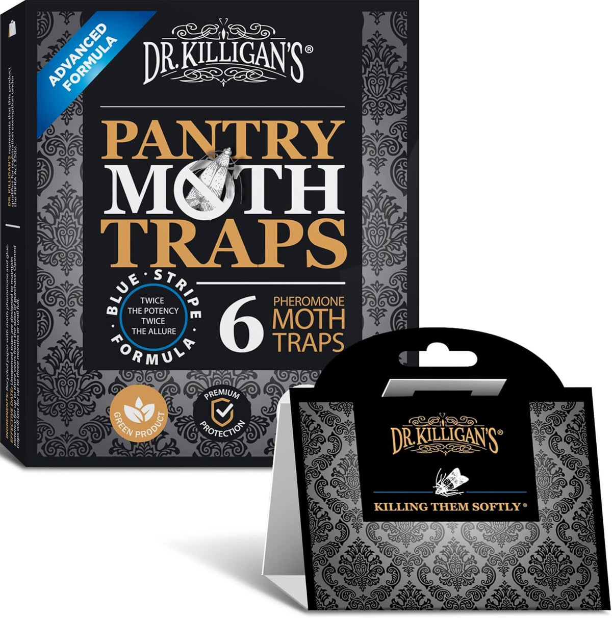 Dr. Killigan's Premium Double Potent Pantry Moth Traps with Pheromones Prime, Sticky Indian Meal Moth Traps for Kitchen, How to Get Rid of Moths in House (6 Pack, Black)