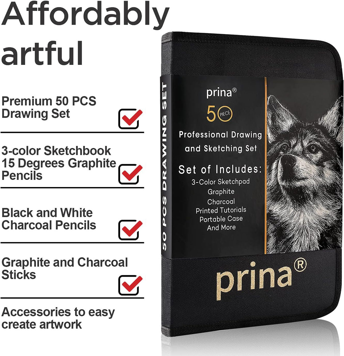 Prina 50 Pack Drawing Set Sketch Kit, Sketching Supplies with 3-Color Sketchbook, Graphite, and Charcoal Pencils, Pro Art Drawing Kit for Artists Adults Teens Beginner Kid, Ideal for Shading, Blending