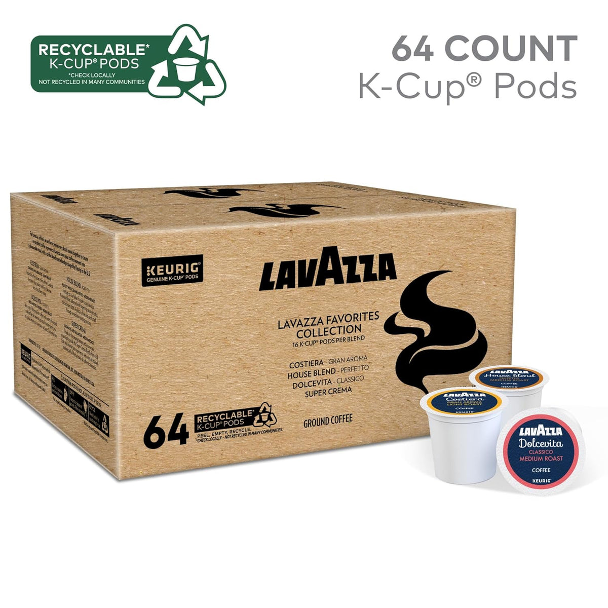 Lavazza Favorites Collection Variety Pack, Single Serve Keurig® K-Cup® Pods, Light and Medium Roast Coffees, 64-Count Box