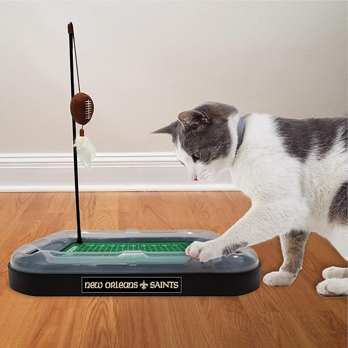 CAT BELL BALL NFL New Orleans Saints Football Field CAT Scratcher Toy with Catnip Filled Plush Football Toy & Feather Cat Toy Hanging, with Jingle Bell Interactive Ball Cat Chasing 5-in-1 Kitty Toy