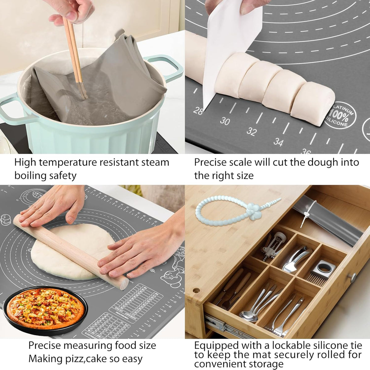 Silicone Baking Mat 24" x 16" Extra Thick Non-stick Pastry Mat with Measurements and Edge Heightening, Food Grade Silicone for Countertop Dough Rolling Making Bread, Cookies, Pizza, Fondant, Pasta