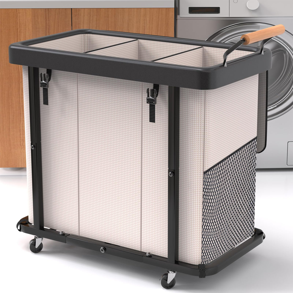 230L (60 Gal) Extra Large Fashion Laundry Sorter 3 Section with Lid, Rolling Laundry Basket Hamper with Handle, Laundry Organizer Storage Cart with Sturdy Metal Frame for Laundry Room, Hotel, White