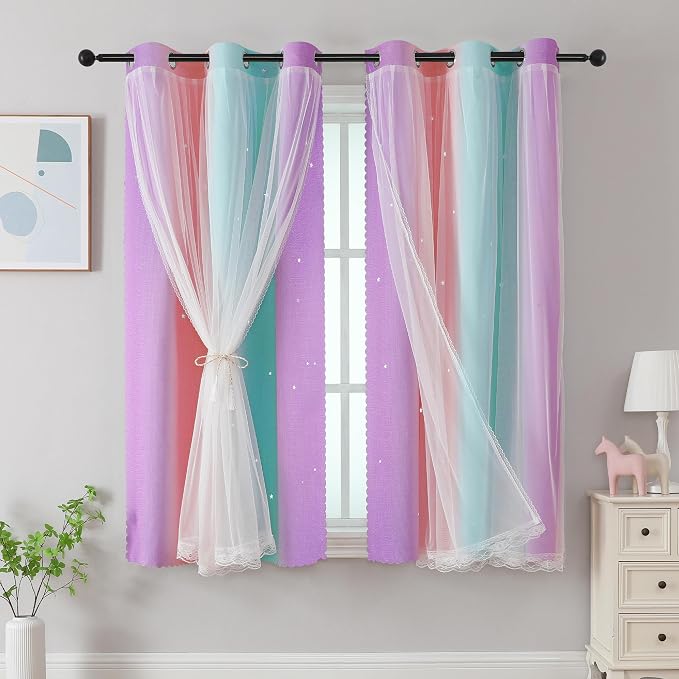 XiDi Curtains for Bedroom Kids Rainbow Pink Purple Green Curtains for Girls
