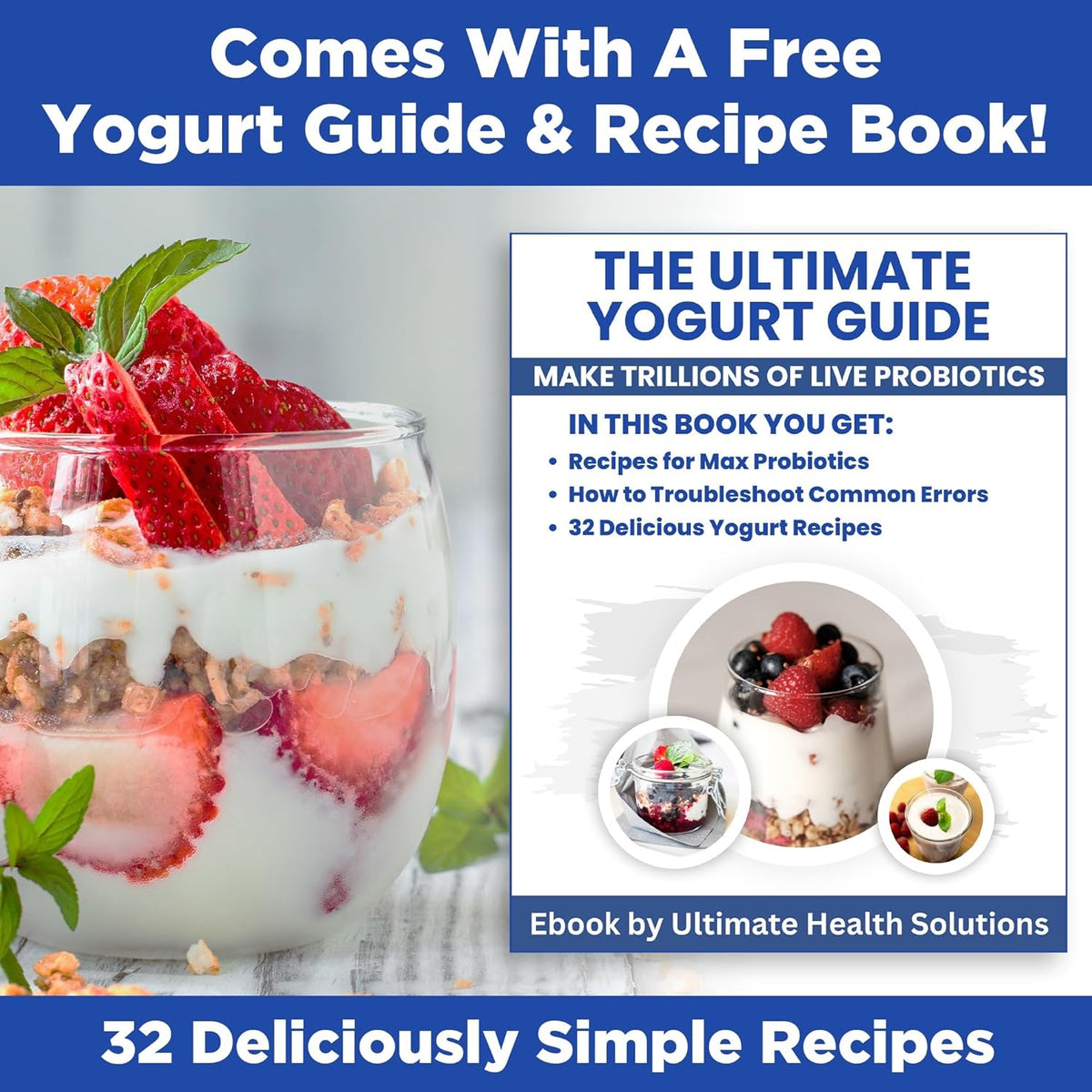 Ultimate Probiotic Yogurt Maker with Adjustable Time & Temp Control - Make Trillions of Live Probiotics with Two 1-Quart Containers for Larger Batches - Greek Yogurt Maker - ULTIMATE LIFETIME WARRANTY
