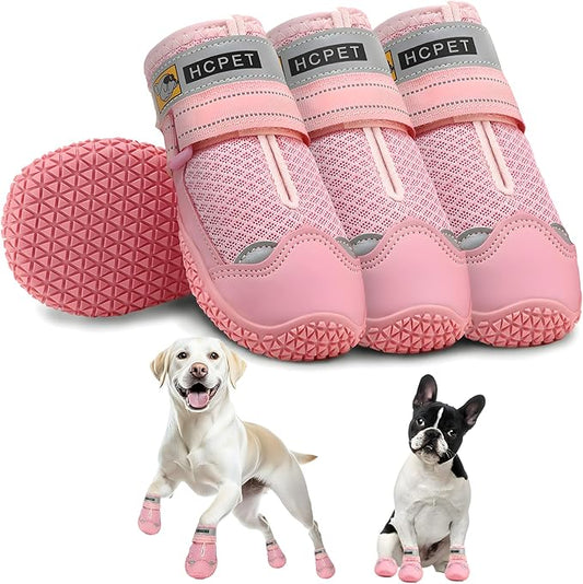 Hcpet Dog Shoes for Large Dogs, Breathable Dog Booties for Small Medium Dogs, Anti-Slip Dog Boots & Paw Protectors for Hot Pavement Winter Snow Hiking with Reflective Straps Pink Size 1