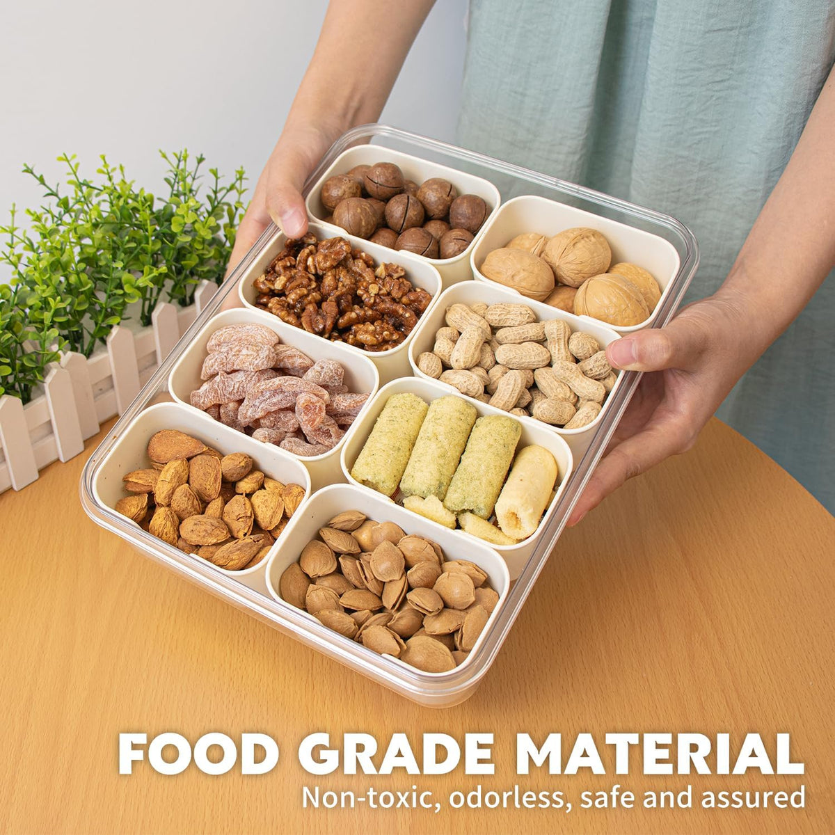 Divided Serving Tray with Lid and Handle,8 Compartments Snacks Box,Snack Fruit Tray,Veggie Tray,Portable Platter for Candy Fruits Nuts Snack Party Entertaining Picnic(2 PCS)