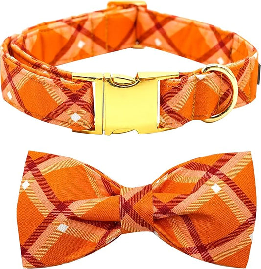 Fall Dog Collar, Pet Collar Bow Orange Plaid Dog Collar Girl Boy Holiday Pet Collar Gift Collars Cute Soft Puppy Collars for Small Dogs