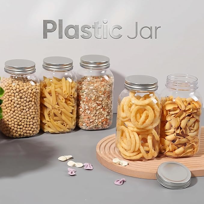 novelinks 32 oz Mason Jars with Plastic Lids, 8 Pack Large Plastic Salad Jars with Lids 32oz, Reusable Spice Containers & Kitchen Jars for Pantry Organization (8 Pack,Silver)