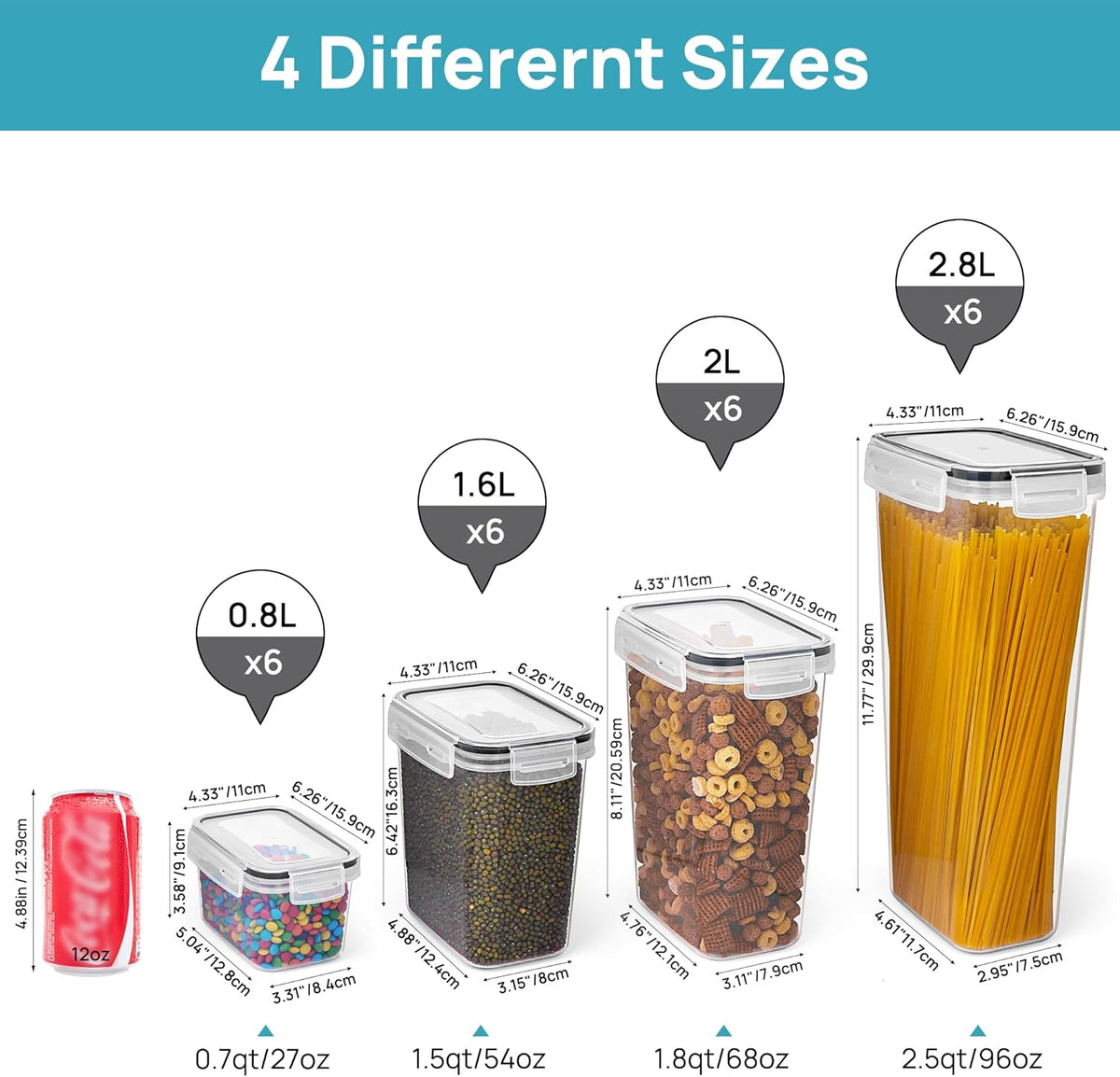 Airtight Food Storage Containers with Lids, Vtopmart 24 pcs Plastic Kitchen and Pantry Organization Canisters for Cereal, Dry Food, Flour and Sugar, BPA Free, Includes 24 Labels，Black