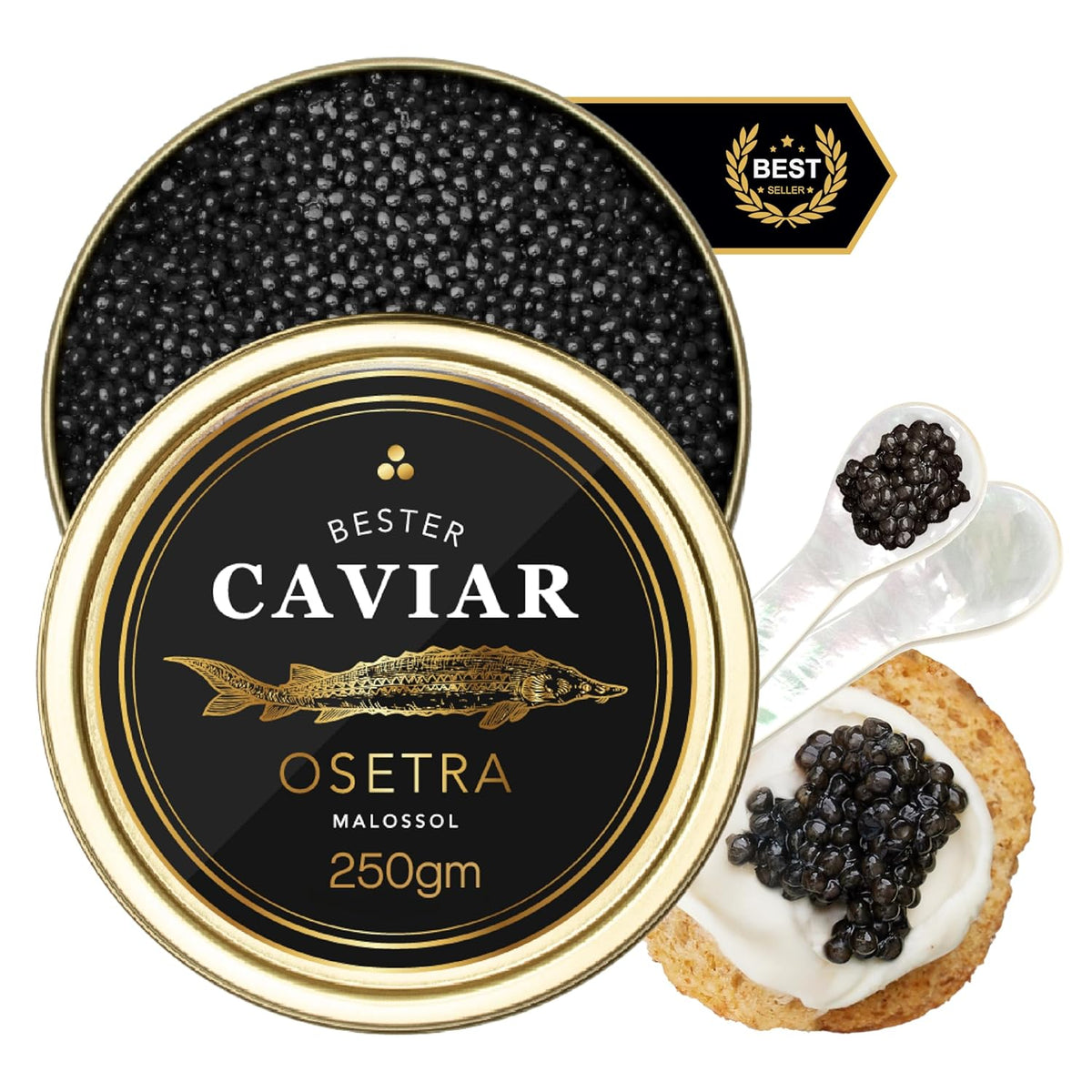 Overnight Guaranteed, BESTER Premium Russian Osetra Sturgeon Black Caviar - (8.8 oz-250g) - Malossol Ossetra Black Roe - Premium Quality, Traditional Style, Imported. Free blinis and 2 spoons.