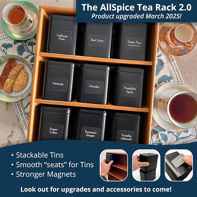AllSpice Tea Organizer Rack with 9 Tins & 160 Magnetic Labels – Perfect for Bagged & Loose Leaf Tea Organization - Black